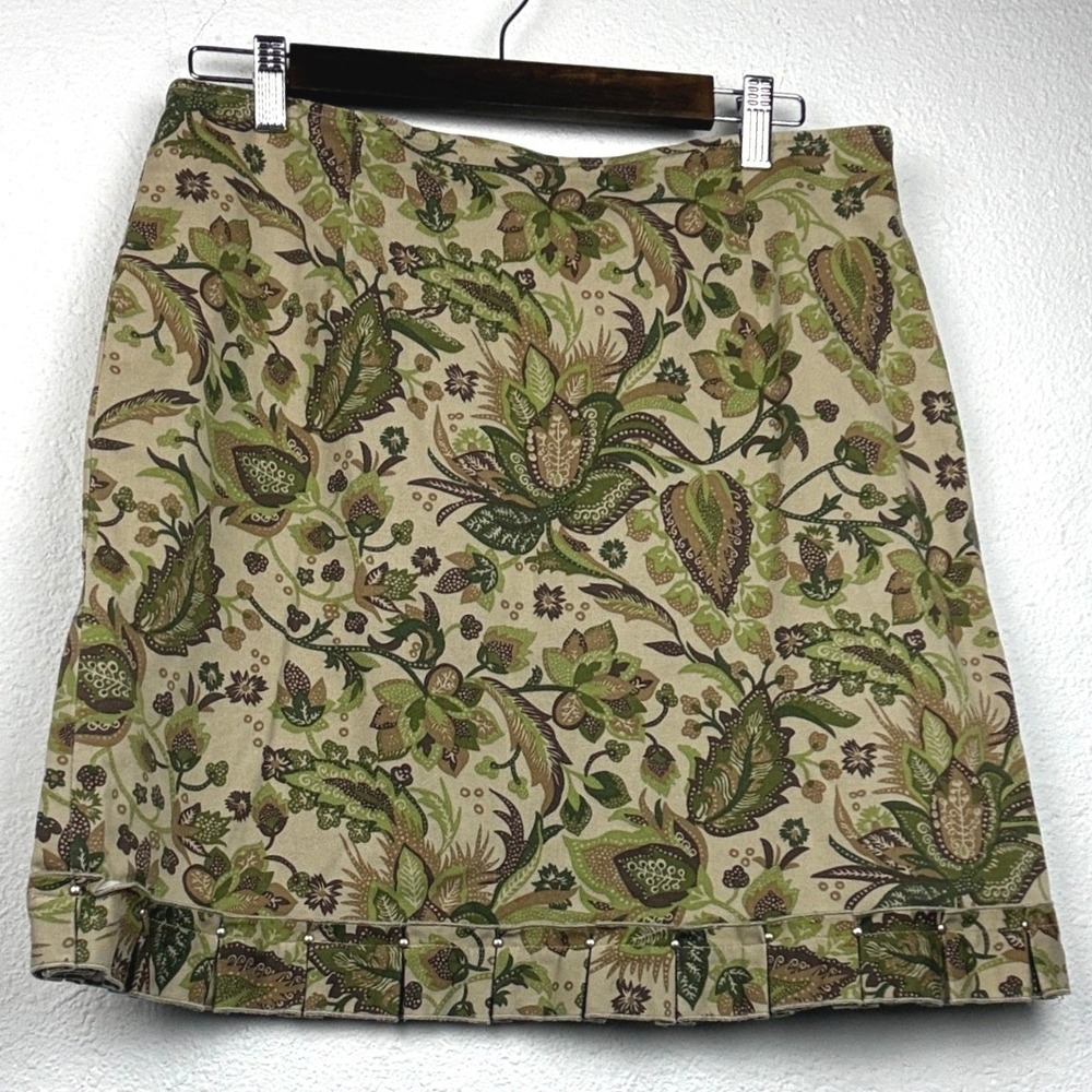 Harold's Green Tan Paisley Floral Studded Pleated Skirt - 10 - Boho Cottagecore